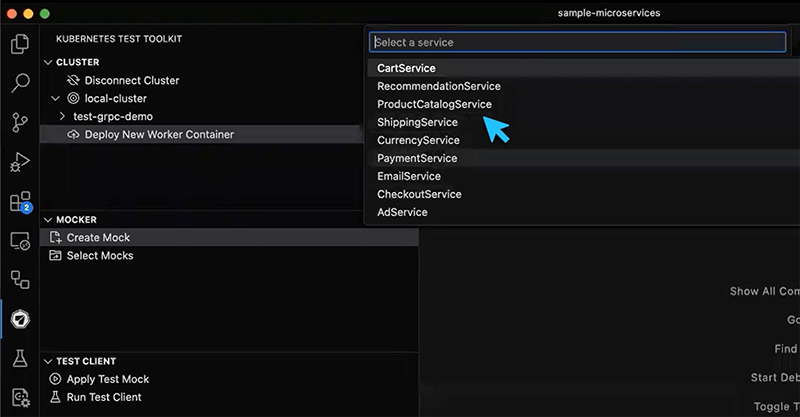 Screenshot of selecting a service